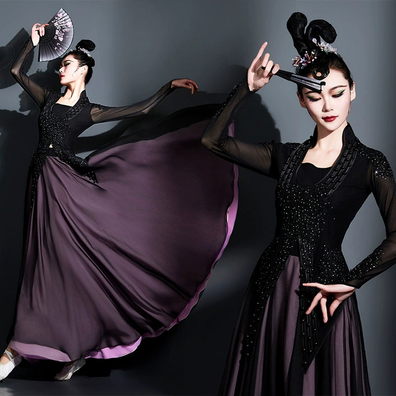 Women's Xinjiang dance dress black Opening dance Chinese minority Uyghur dance performance costumes Art test competition swing skirt - Moderndancedress.com