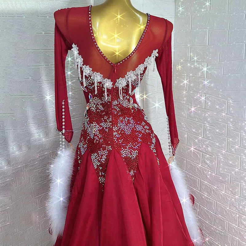Custom Crystal Burgundy Ballroom Dance Dress with White Feather Floats Foxtrot Waltz Dance Gown