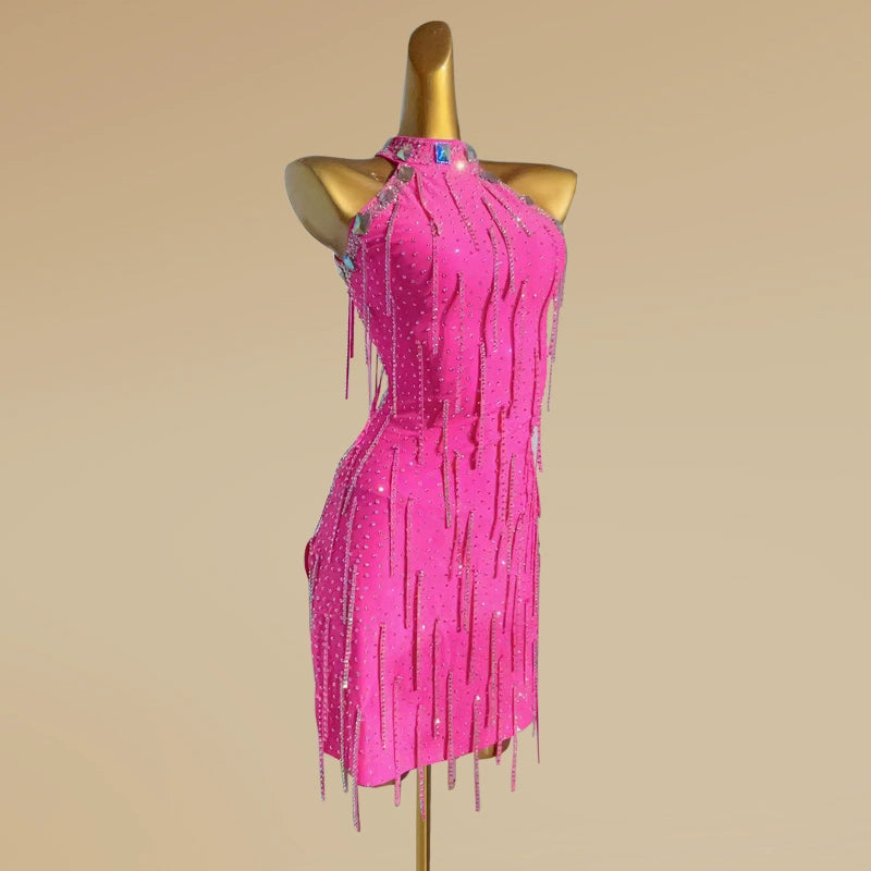 Custom size pink bling fringed Latin Dance Costume for girls kids adult Competition Flower rumba Cha Cha Performance dresses - Moderndancedress.com