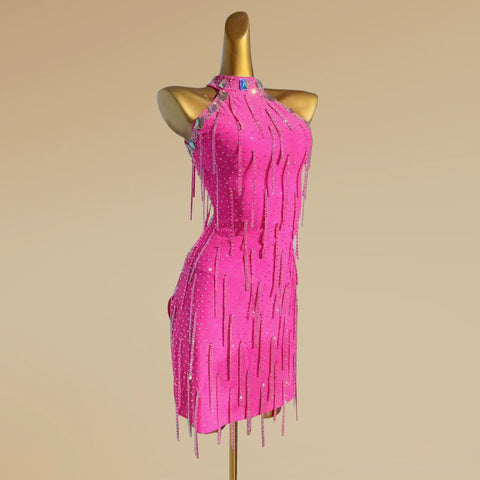 Custom size pink bling fringed Latin Dance Costume for girls kids adult Competition Flower rumba Cha Cha Performance dresses - Moderndancedress.com