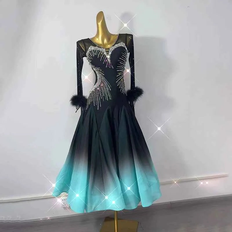 Custom Size Green Gradient Competition Ballroom Dance Dresses for Women Girls Tango Waltz Performance Long Gown