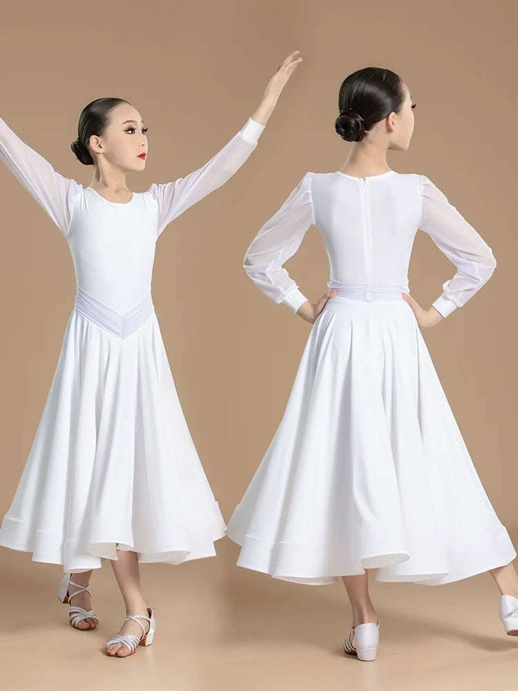 Modern dance competition ballroom dresses for girls kids red white social dance regulations walt tango foxtrot smooth dance gown large skirt - Moderndancedress.com