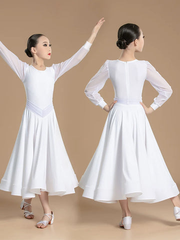 Modern dance competition ballroom dresses for girls kids red white social dance regulations walt tango foxtrot smooth dance gown large skirt - Moderndancedress.com
