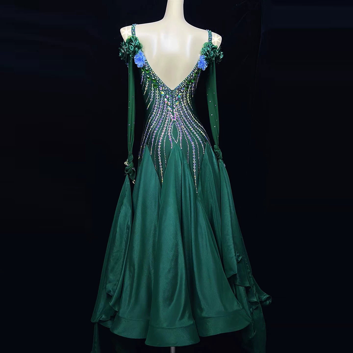 Custom Emerald Green Ballroom Dance Dress with 3D Flowers  Rhinestone Waltz Tango Gown