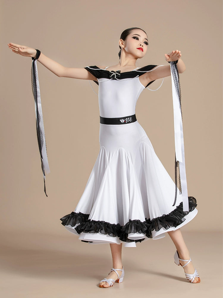 Girls white black Modern ballroom dance dresses kids Waltz Tango Performances Competition long gown swing skirts for Children - Moderndancedress.com
