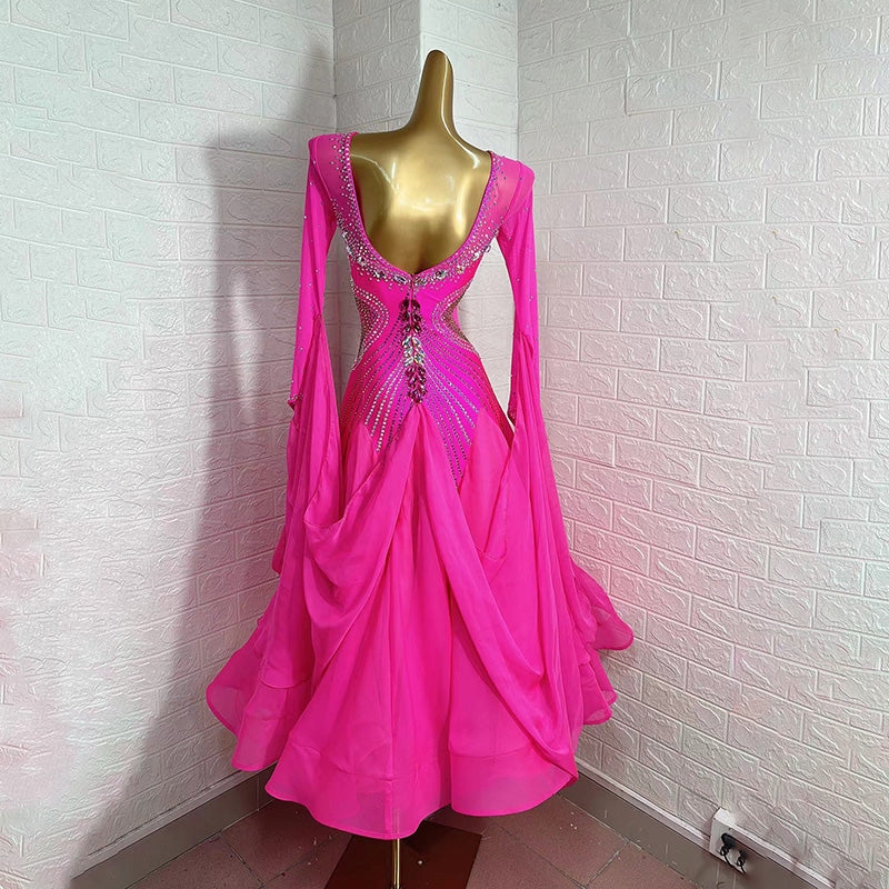 Customized Size Fuchsia Ballroom Dance Dresses for Women Girls Competition Stones Tango Waltz Performance Long Gown - Moderndancedress.com