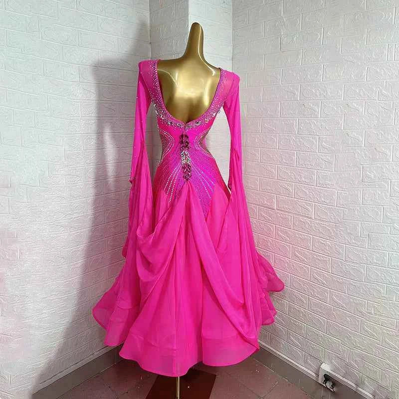 Custom Size Fuchsia Ballroom Dance Dress with Crystals | Competition Waltz Tango Gown