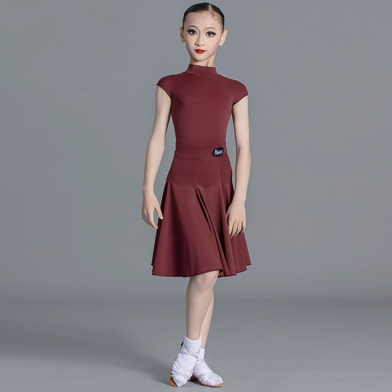 Latin Dance dresses for kids Girls green wine Competition Short Sleeve International modern Dance Standard Suit for children - Moderndancedress.com