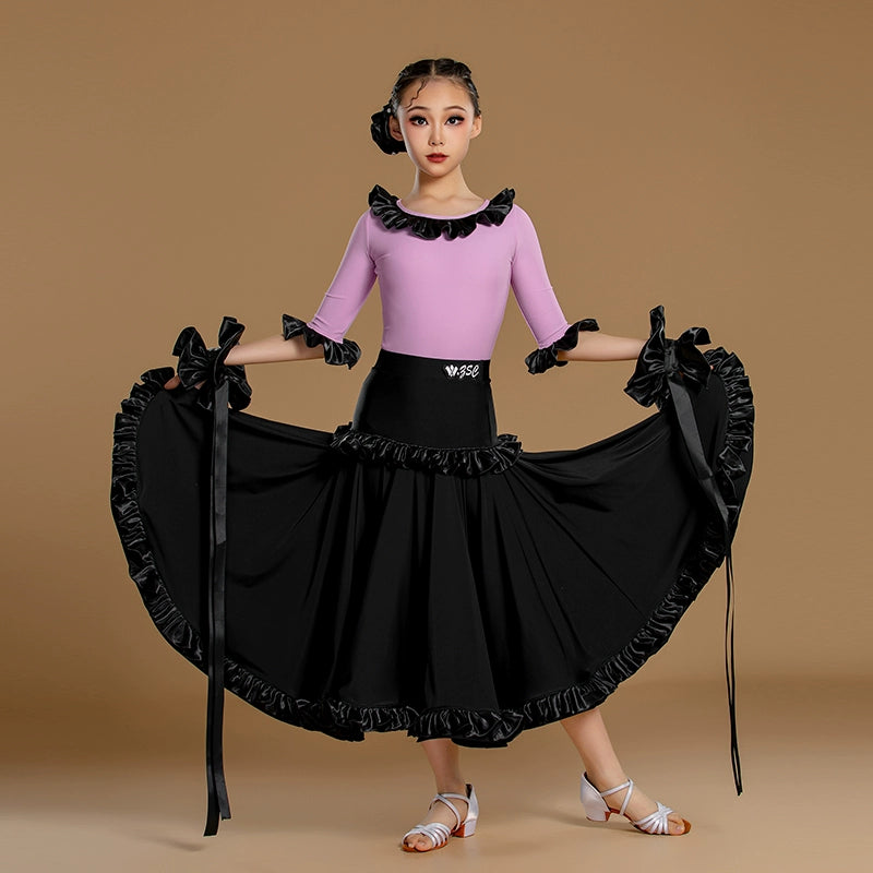 Girls Ballroom Dance Dresses Kids Lavender Black Waltz Tango  Performance Competition Costumes