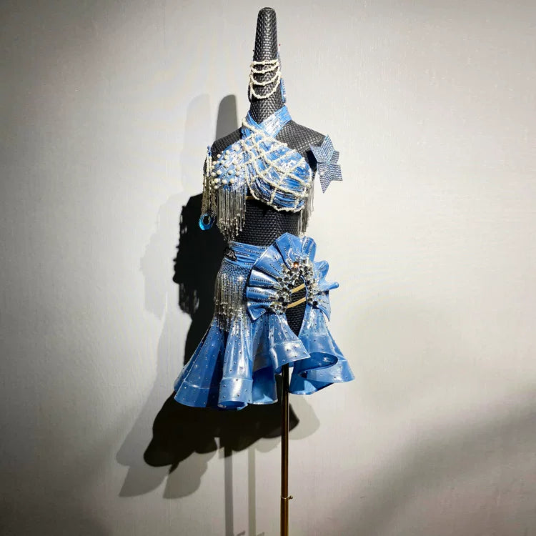 Custom Metallic Blue Latin Performance Dress - Ruffle Skirt & Beaded Fringe Ballroom Wear