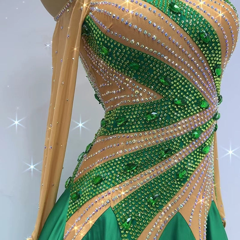 Customized Size Green Rhinestones Competition Ballroom Dance Dresses for Women Waltz Tango Rhythm Performance Gown - Moderndancedress.com
