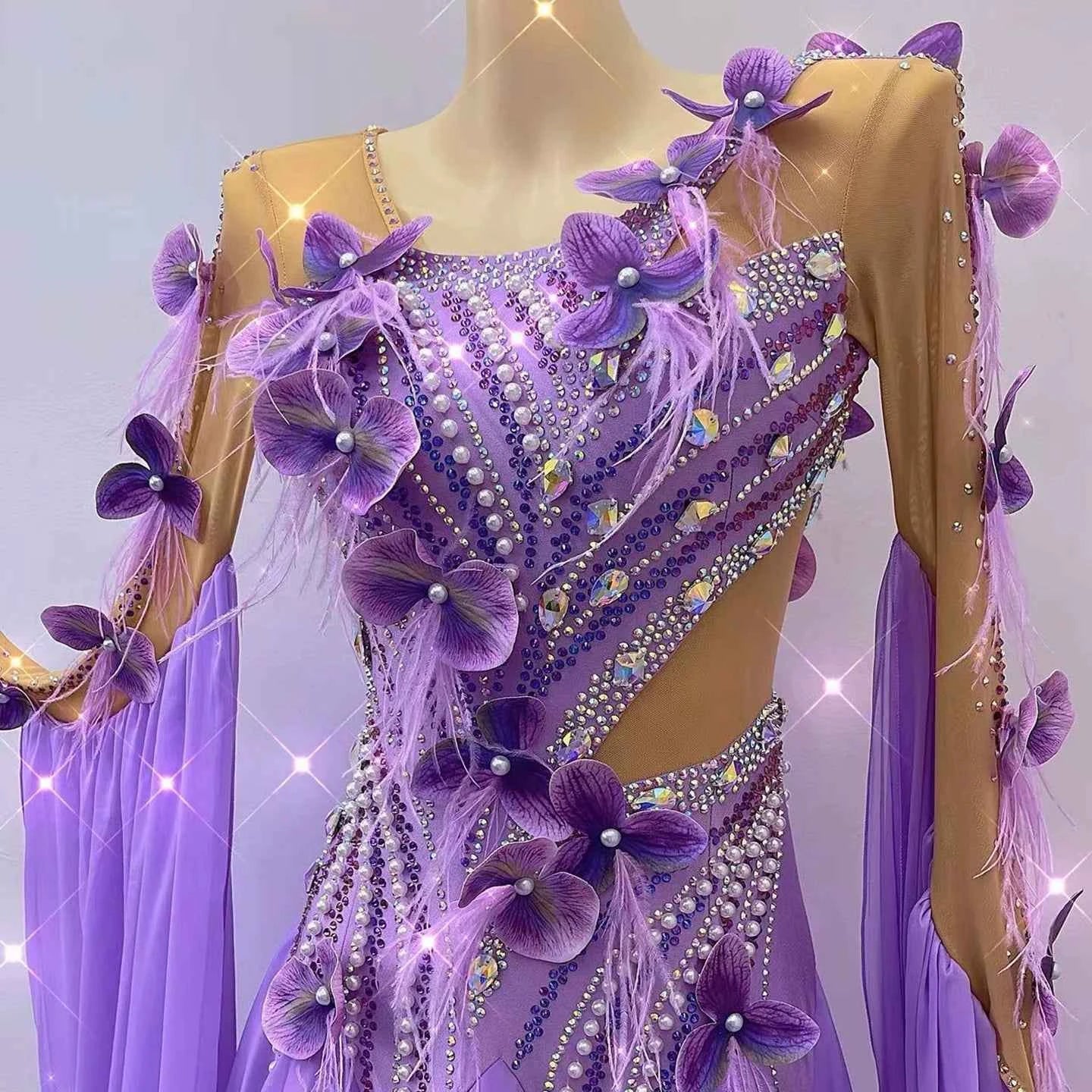 Custom Size Purple 3D Flowers Ballroom Dance Dress Tango Foxtrot Waltz Performance Gown