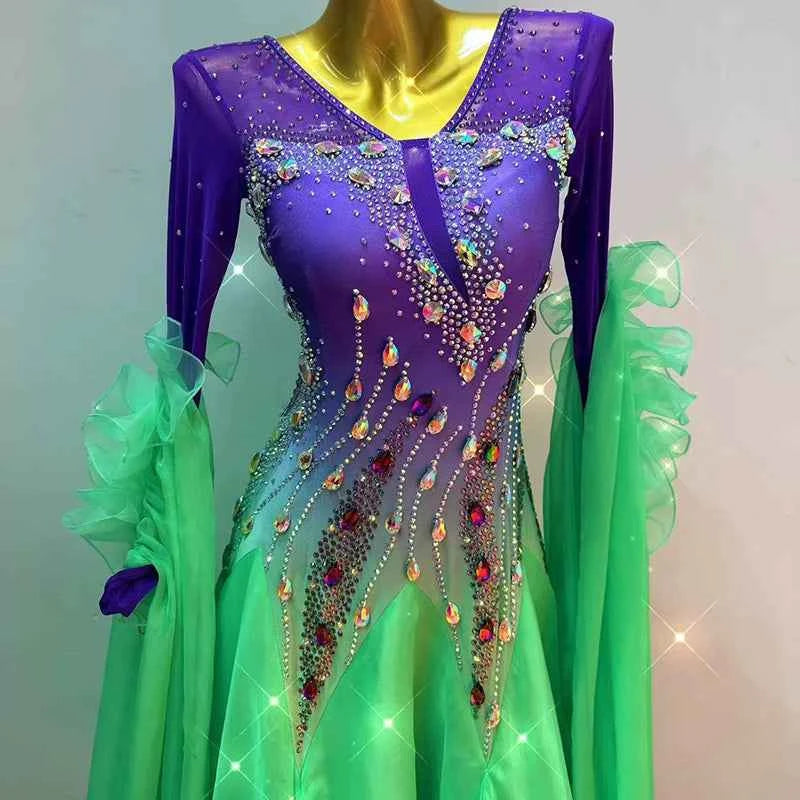 Custom Size Violet Green Gradient Ballroom Dance Dress for Women Waltz Tango Dance Swing Skirts