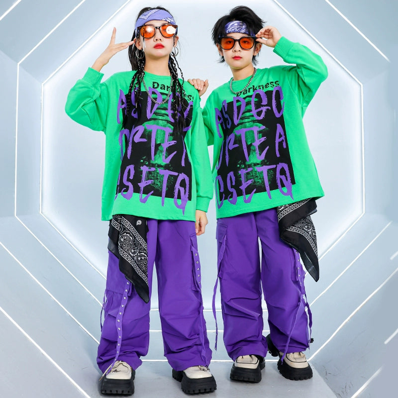 Children's Purple Green Hip-hop Jazz Dance Street Costumes for Girls Boys Rapper Singers Gogo Dancers Dance Clothing Party Model Show Outfits - Moderndancedress.com