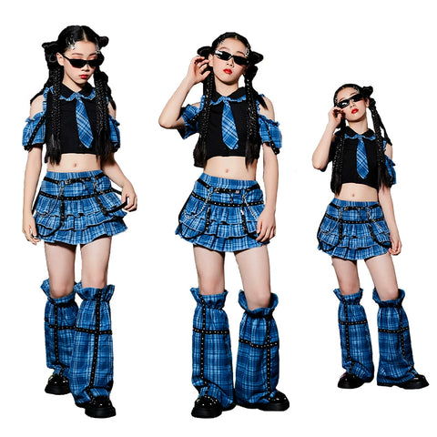 Girls Jazz Street Dance Costume Blue Green Plaid Hiphop Rapper Singers Stage Performance Outfits Model Show Photos Shooting Party Trendy Clothes for Kids - Moderndancedress.com