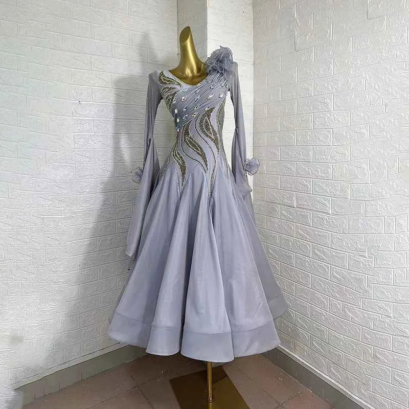 Customized Size Silver Competition Ballroom Dance Dresses for Women Girls Waltz Tango Rhythm Social Dance Gown