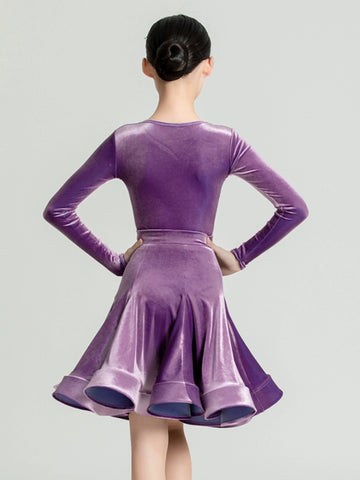 Girls Purple wine velvet ballroom Latin Dance Competition dresses kids International Dance salsa rumba chacha performance skrirts - Moderndancedress.com