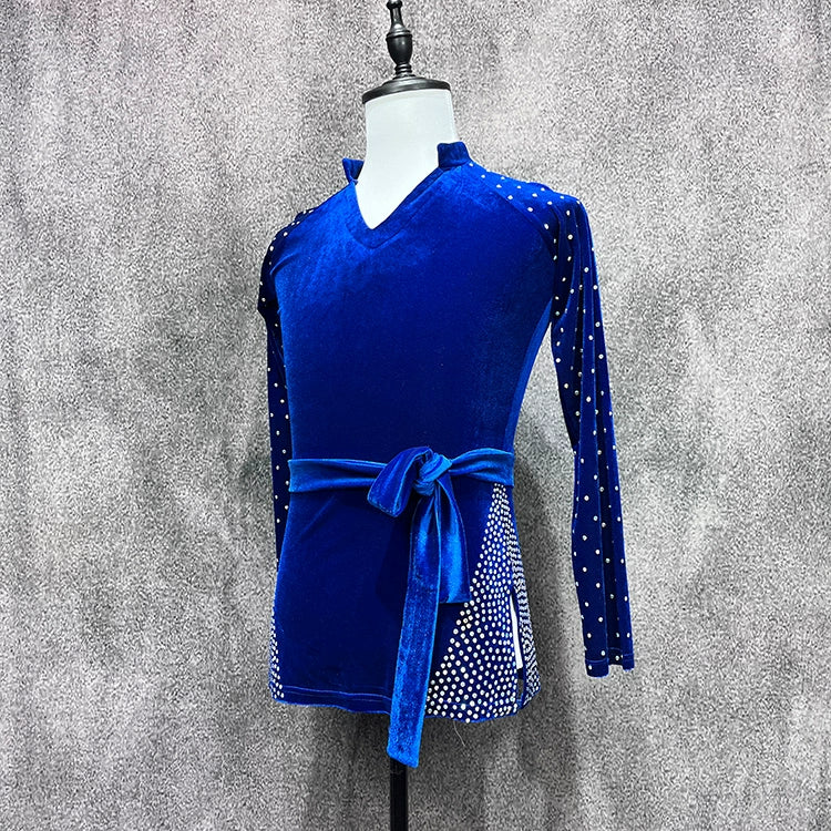 Custom Size Boys Velvet Latin Dance Shirts Royal Blue Salsa Rumba Ballroom Cha Cha Performance Tops for Kids