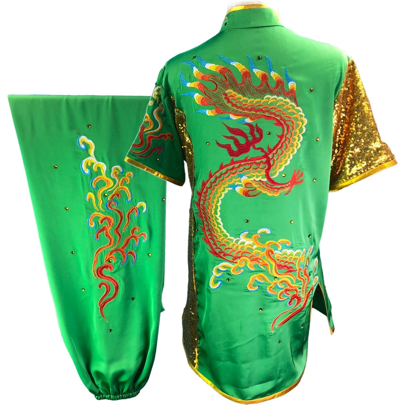 Chinese Martial Arts Clothes Kungfu Clothe  Tai Chi  Children's Wushu Competition Performing Colorful Clothes, Green Embroidery Dragon - Moderndancedress.com