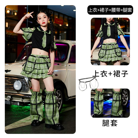 Girls Jazz Street Dance Costume Blue Green Plaid Hiphop Rapper Singers Stage Performance Outfits Model Show Photos Shooting Party Trendy Clothes for Kids - Moderndancedress.com
