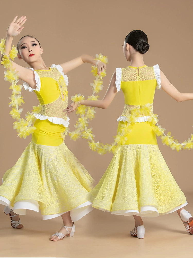 Yellow modern ballroom dance dresses for girls kids lace national standard waltz tango professional competition big skirt - Moderndancedress.com