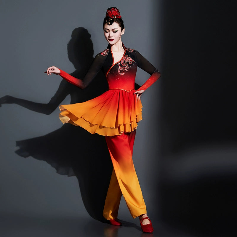 Red Chinese folk dance costumes for women girls Jiaozhou Yangge dance performance uniform classical fan dance repertoire dance art test wear - Moderndancedress.com