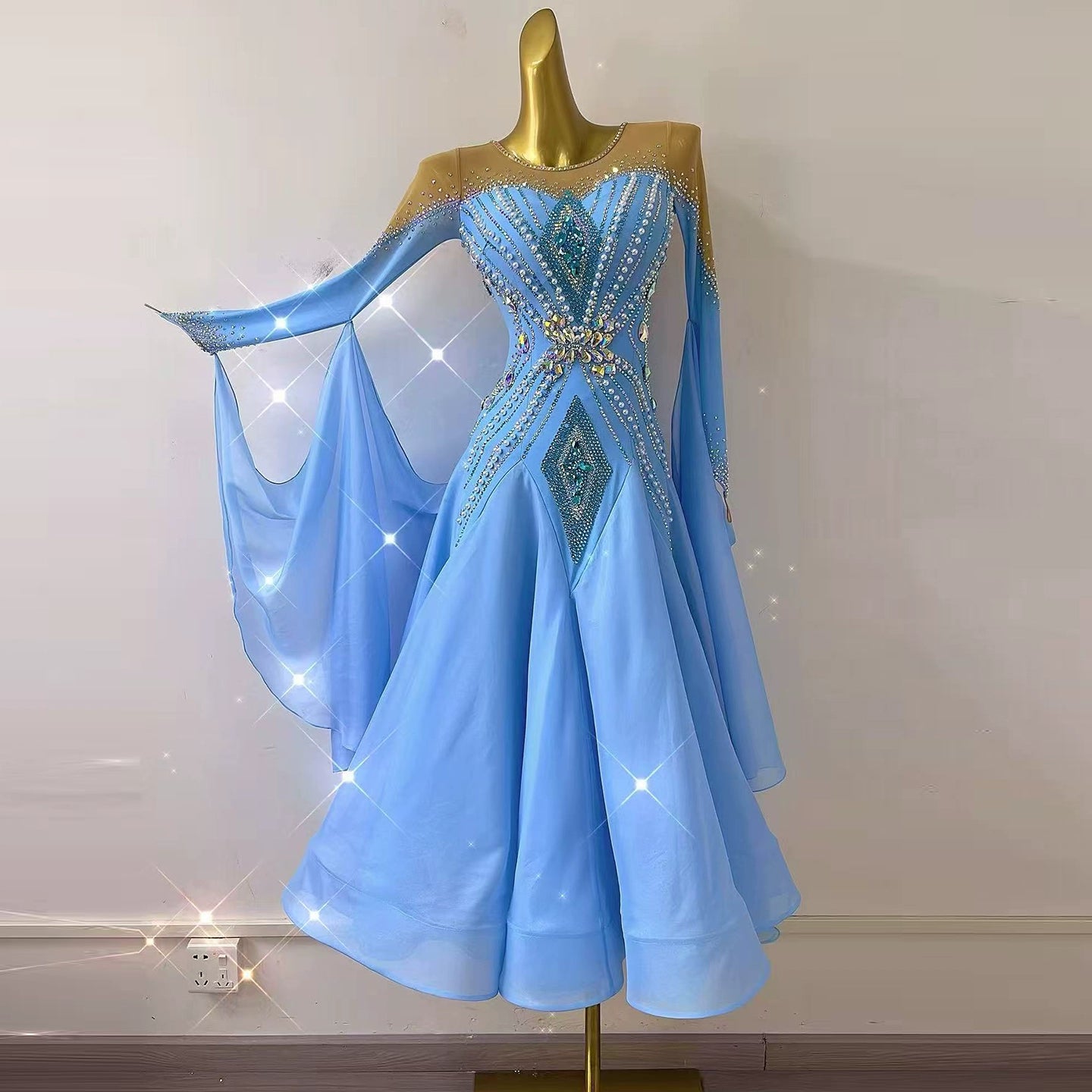 Customized Blue Ballroom Dance Dresses for Women Diamond Waltz Tango Foxtrot Rhythm Dance Long Gown