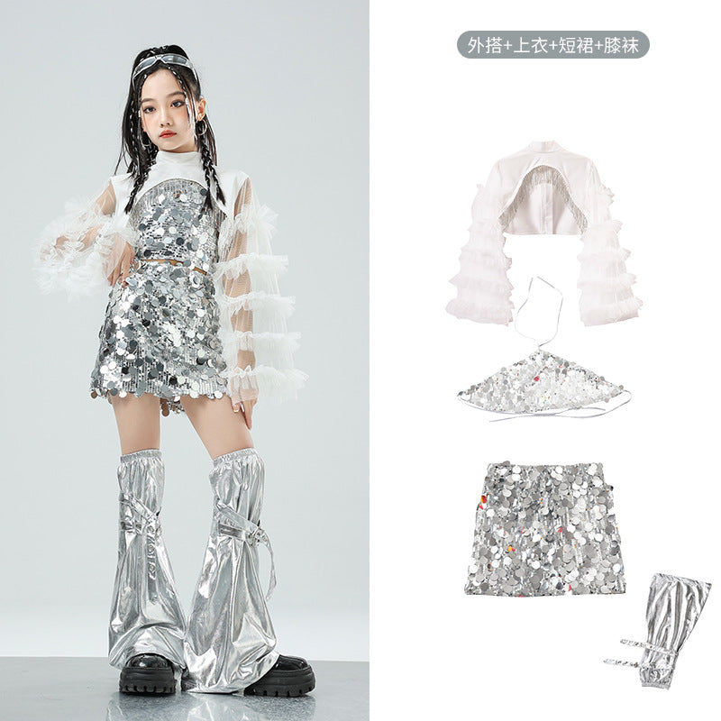 Girls Hiphop Dance Costumes Silver Sequins Glitter Jazz Rappers Singers Gogo Dancers Dance Outfits for Kids - Moderndancedress.com