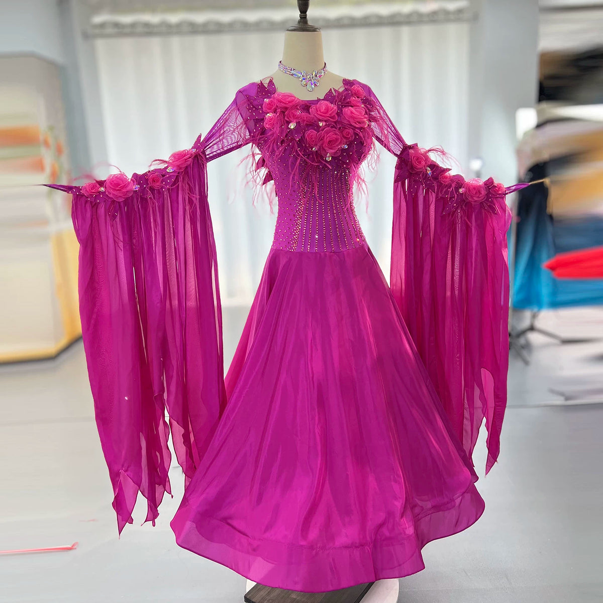 Custom Magenta Ballroom Competition Dress with 3D Flowers & Floats