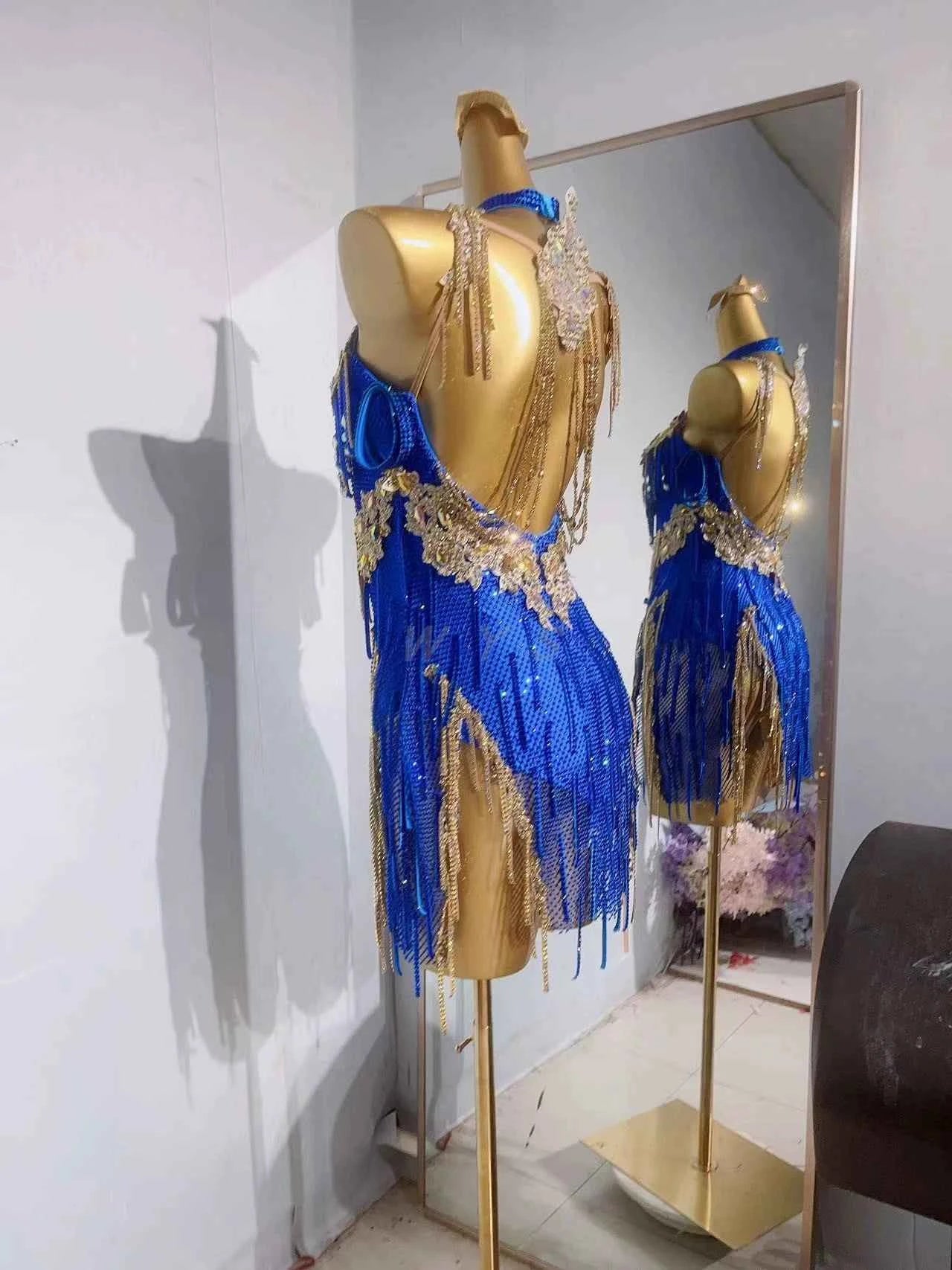 Custom Size Competition Latin Dance Dresses Royal Blue Bing Mesh Fringe for Women Girls Blackpool Salsa Chacha Dancing Outfits