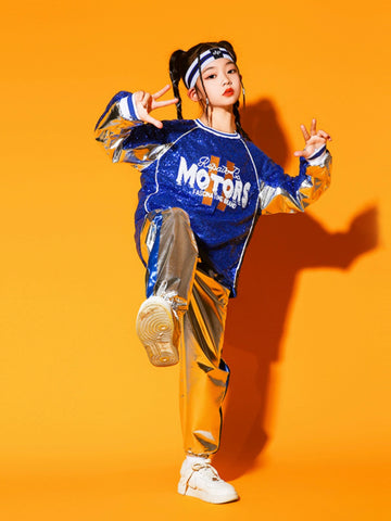 Children's Cheerleading Costumes Silver Blue Sequins Jazz Hip Hop Street Outfit for Girls Boys Opening Ceremony Jazz Dance Outfits for Kids - Moderndancedress.com