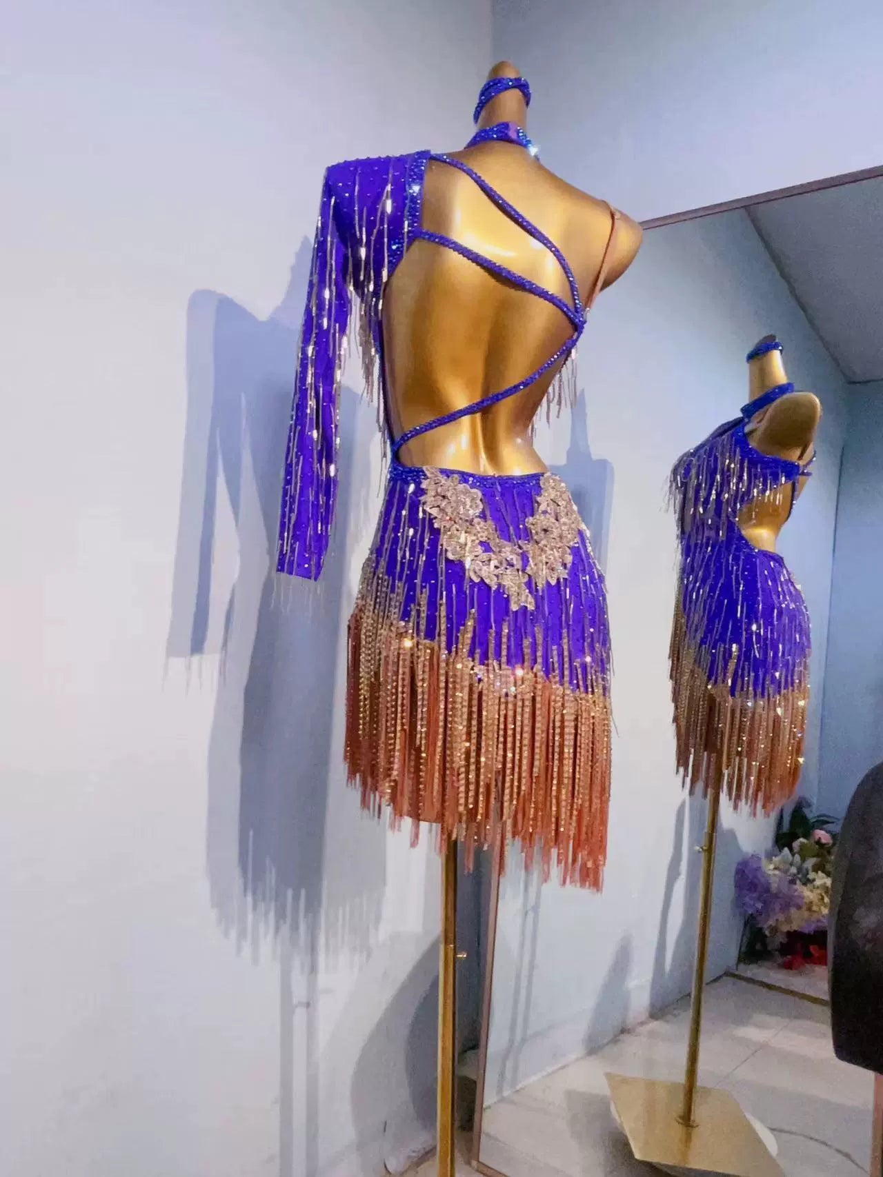 Custom size violet competition Latin dance dresses for girls kids adult salsa rumba chacha samba performance clothes handmade with bling gemstones - Moderndancedress.com