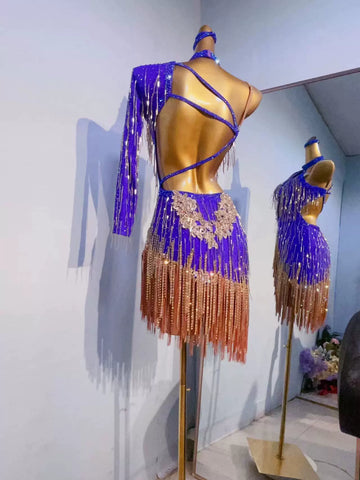 Custom size violet competition Latin dance dresses for girls kids adult salsa rumba chacha samba performance clothes handmade with bling gemstones - Moderndancedress.com