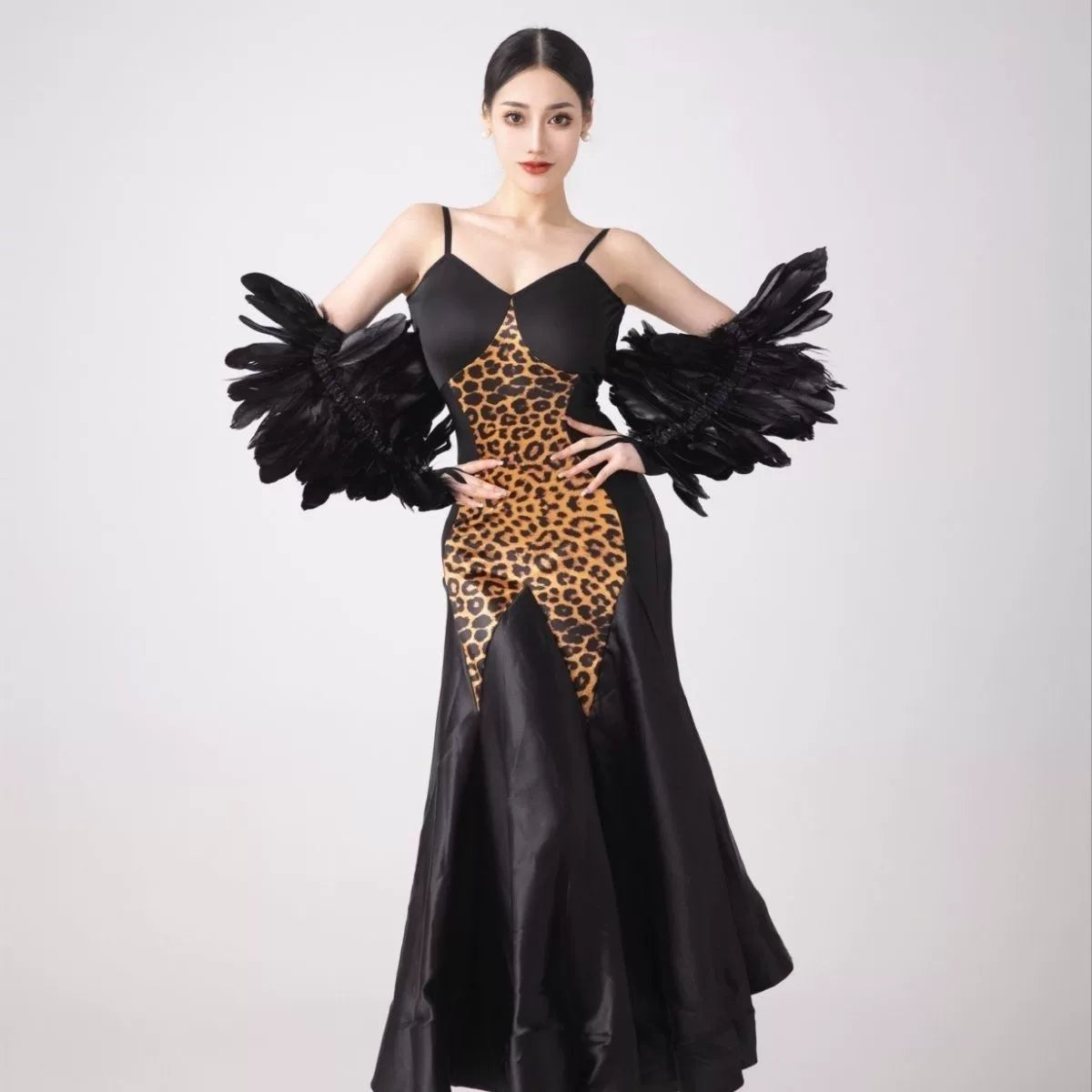 Women Leopard Ballroom Dance Dresses Feather Waltz Tango Rhythm Performance Costumes for Female - Moderndancedress.com