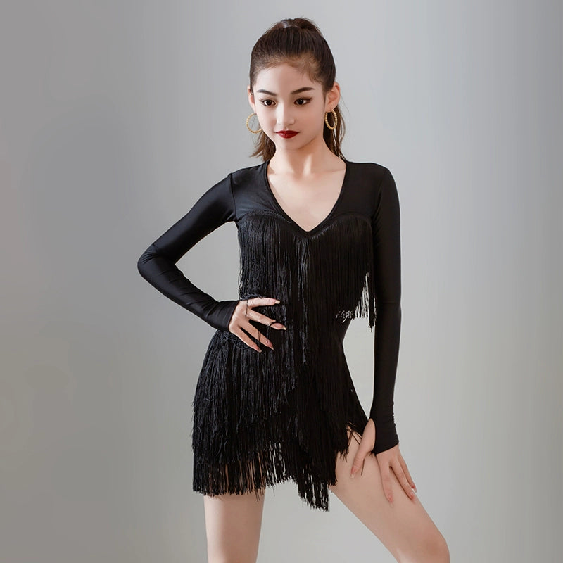 Latin dance Dresses for kids girl pink blue fringe latin ballroom salsa rumba chacha gradient tassel training outfits for Children - Moderndancedress.com