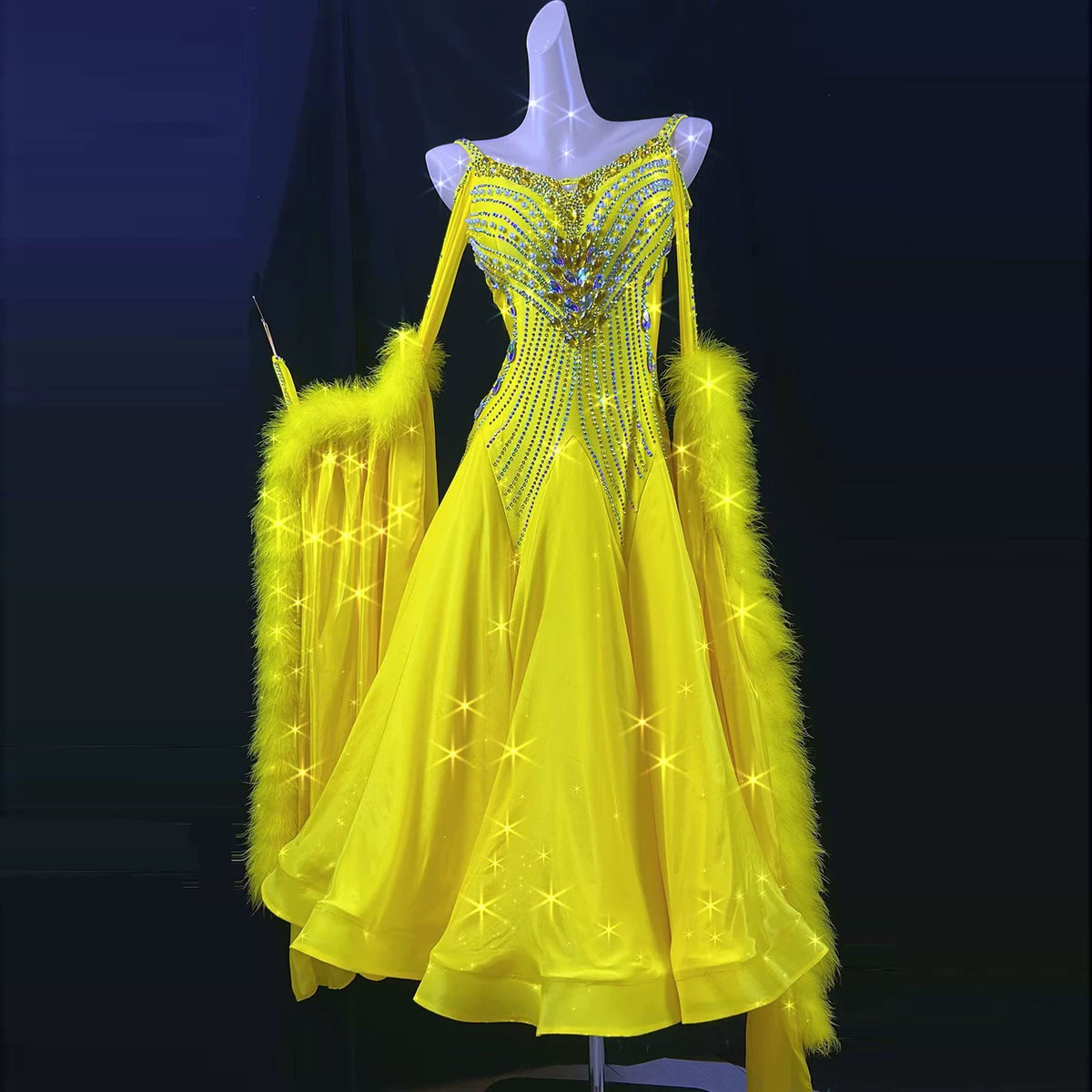 Custom Yellow Women's Competition Ballroom Dance Dress with Gold Crystal Foxtrot Waltz Perform Gown