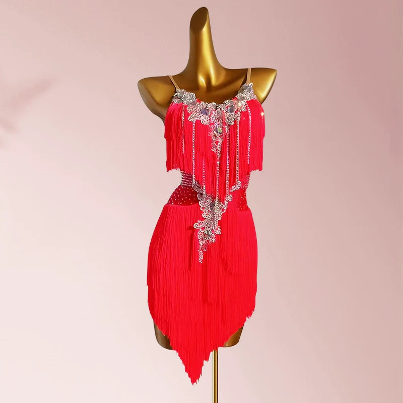 Customized size Yellow blue pink tassels Latin dance competition dressses  for adult kids professional solo flower dance bling clothes - Moderndancedress.com