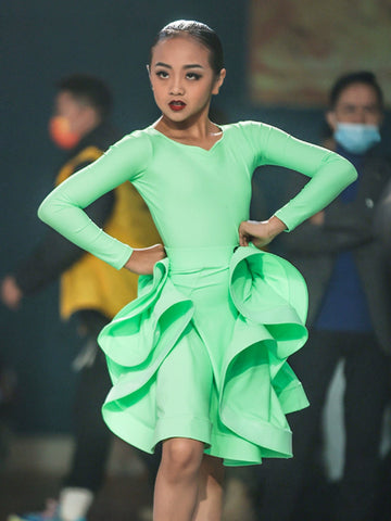 Children's Latin Dance dresses blue pink green Regulations Competition Uniforms Girls Professional Standards Grading Examination skirts - Moderndancedress.com