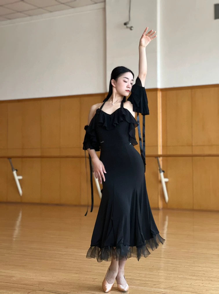 Ballroom Dance Dresses for Women Girls Ruffles Black Pink Lace Waltz Tango Rhythm Dance Long Skirts