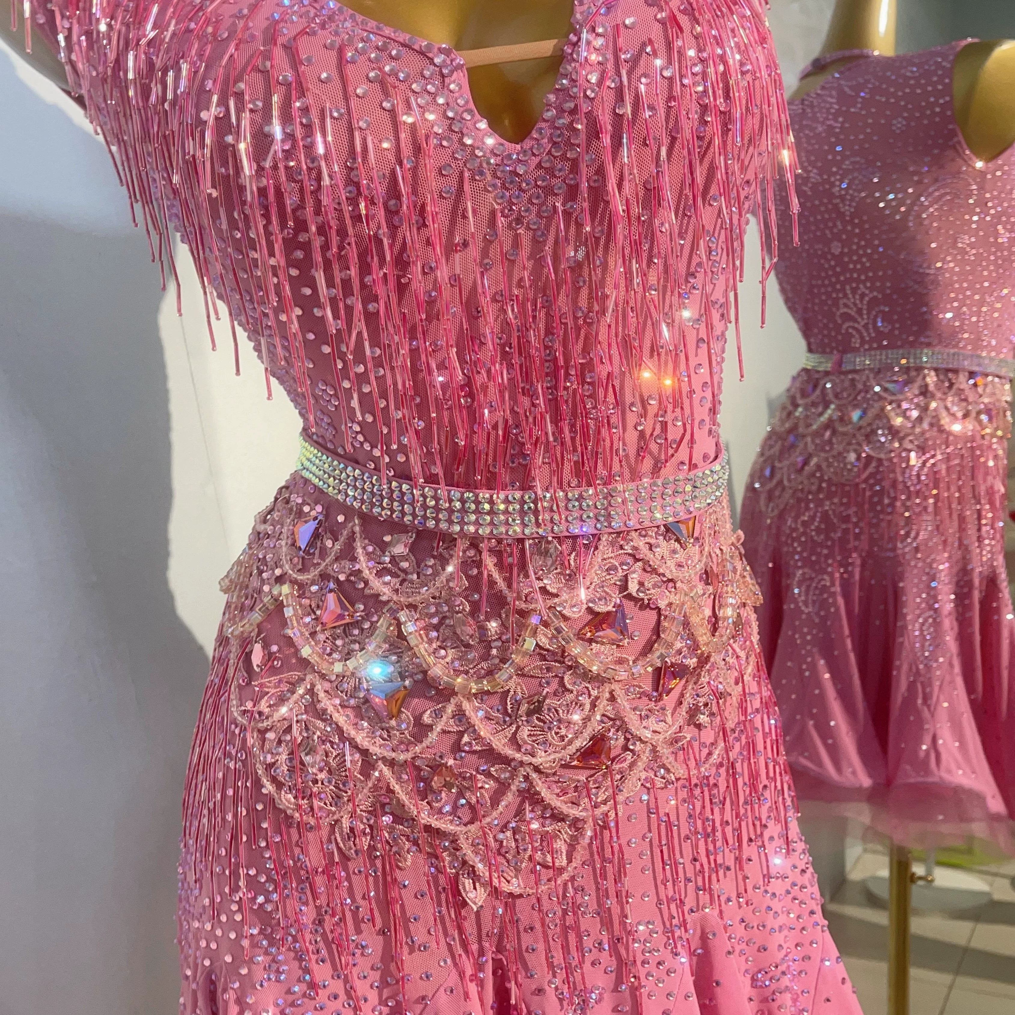 Custom Size Pink Bling Fringe Competition Latin Dance Dresses for Women Girls Salsa Rumba Chacha Professional Dance Clothes - Moderndancedress.com