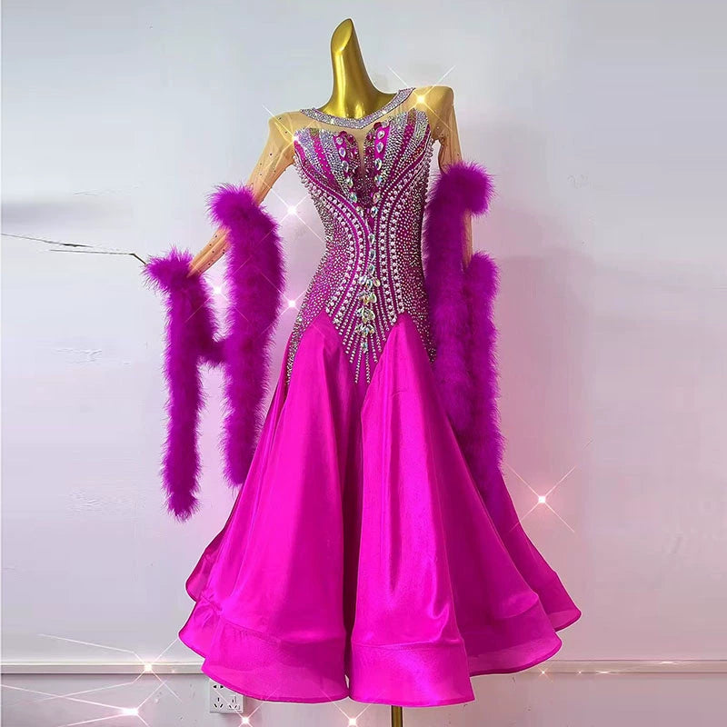 Customized  Size Fuchsia Feather Competition Ballroom Dance Dresses for Women Girls Waltz Tango Social Dance Long Gown - Moderndancedress.com