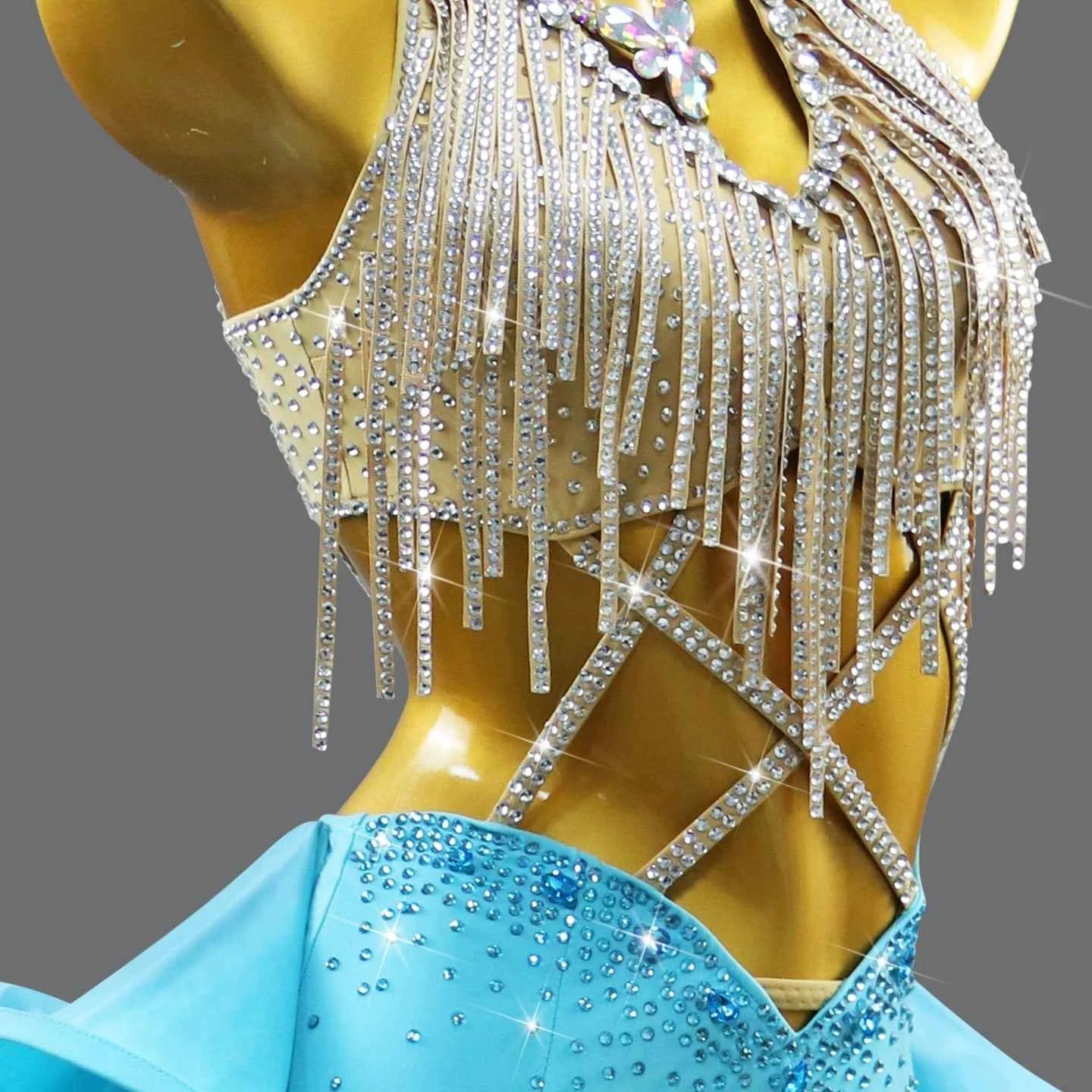 Custom Size Women's Turquoise Latin Dance Dress Competition Tuxedo Ruffles Skirts