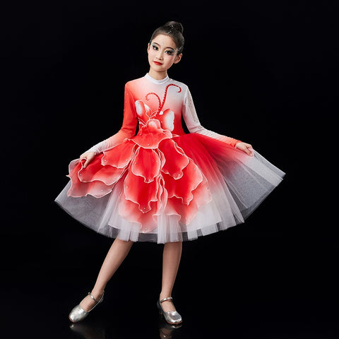 Children's pink green Petals modern dance dresses chorus performance girls tutu skirts school church choir competition outfits - Moderndancedress.com
