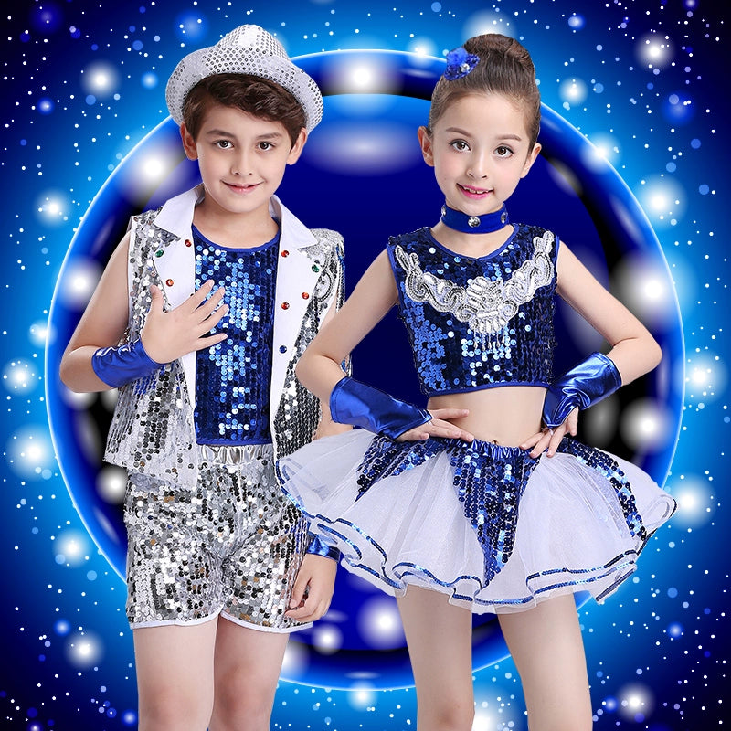 Girls Jazz Dance Costumes Jazz hiphop dance silver blue sequins outfits Boys modern hip-hop costumes Girl kindergarten costumes - Moderndancedress.com