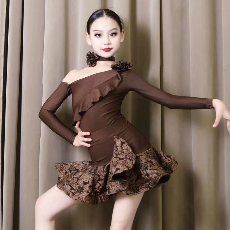Latin Dance Dresses for Girls Yellow Black Pink Slant Neck One Shoulder Long Sleeves Salsa Rumba Chacha Latin Performance Outfits for Kids - Moderndancedress.com