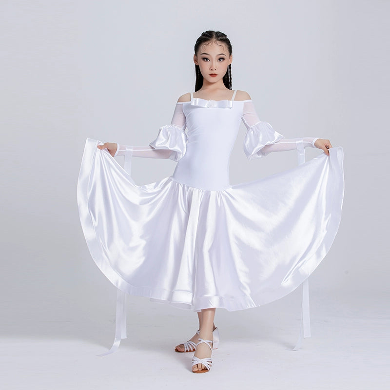 White Modern Ballroom Dance Dresses for Girls Kids Double-layer Skirt National Standard Waltz Tango Performance Long Gown for Children - Moderndancedress.com