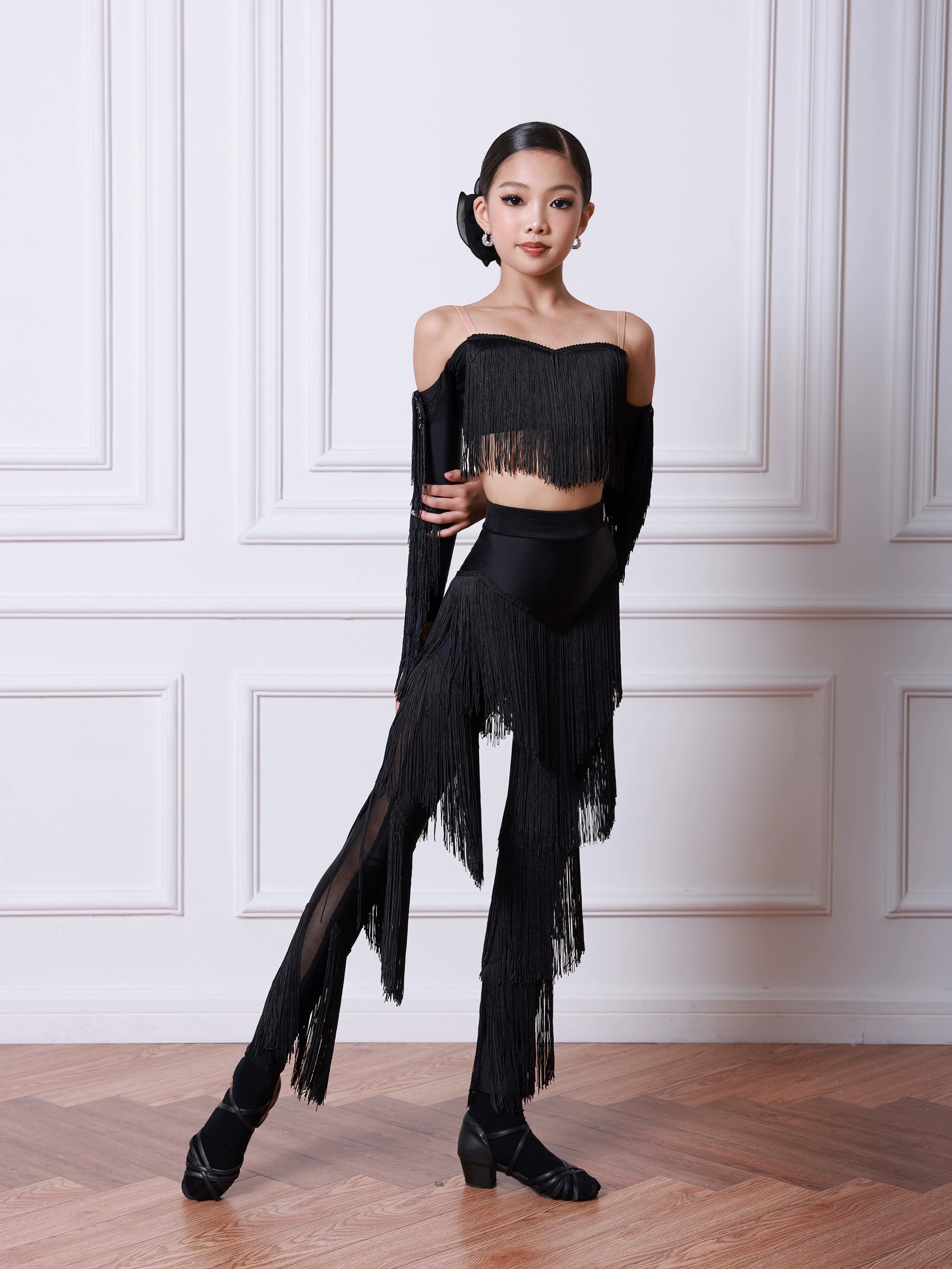 Girls Latin Dance Dresses Kids Black Fringed Salsa Rumba Chacha Dance Pants Ball Party Performance Costumes