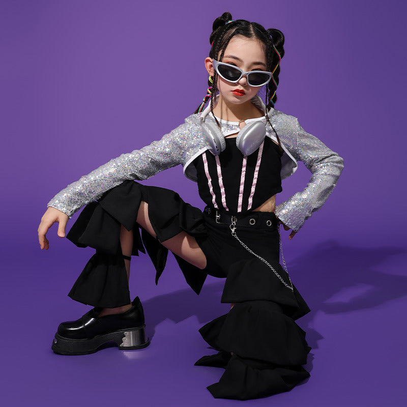 Girls silver sequin Jazz hiphop Dance costumes for kids  children rapper singers gogo dancers Performance Clothing model show outfits - Moderndancedress.com
