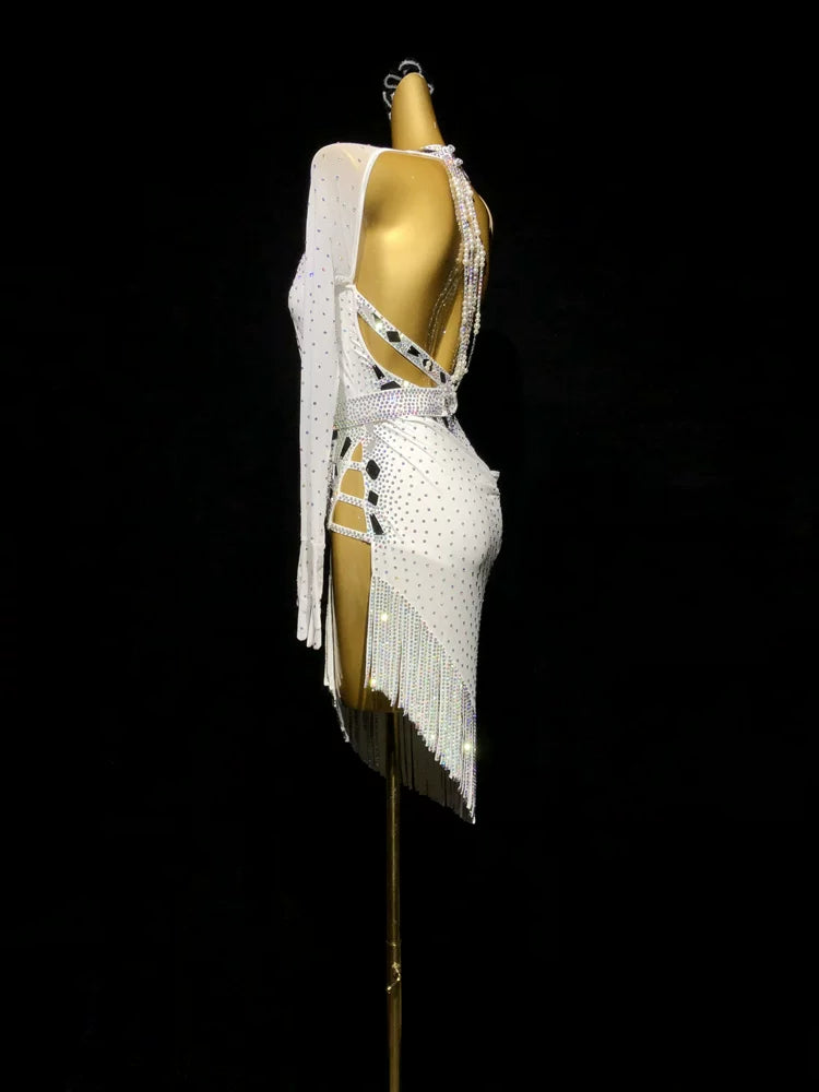 Custom Size White Fuchsia Bling Competition Latin Dance Dress Salsa Chacha Blackpool Dance Wear