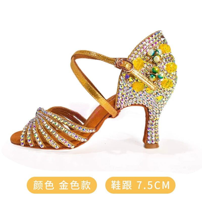 Yellow Gemstones Competition Latin Dance Shoes for Women Girls Kids High Heel Children Salsa Rumba Chacha Tango Latin Dance Shoes Soft Soles - Moderndancedress.com